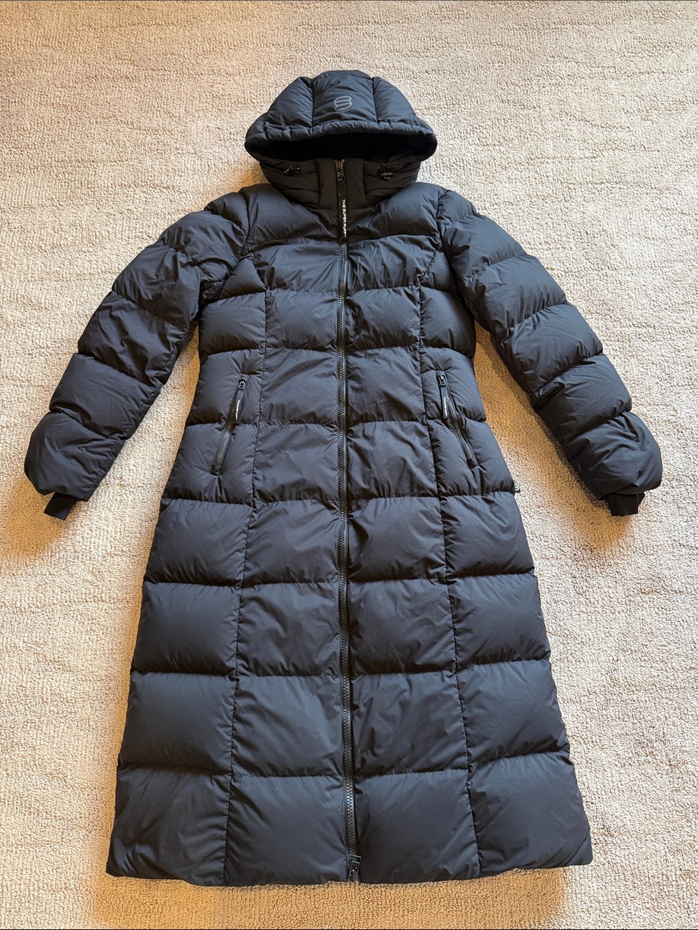 Super Puff “The Super Snug” Extra Long Black Hooded Puffer Coat - Large